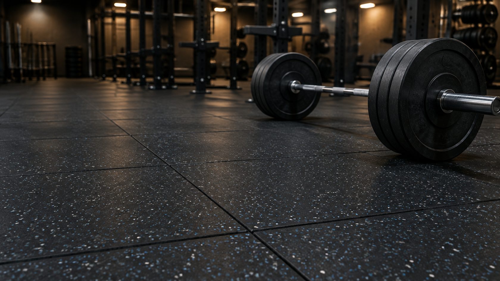 A gym floor laid with black Berpro rubber tiles flecked with white and blue